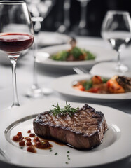 perfectly grilled steak on white plate at luxury restaurant, bright background
