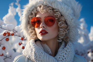 Portrait of a fashionable and elegant girl in a winter forest, face makeup, red lips and glasses, hairstyle, bright snow and tree shadows, style and fashion