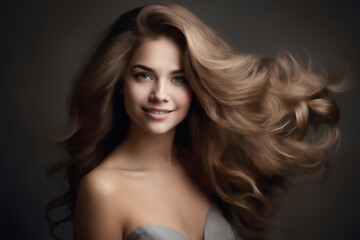 Naklejka premium portrait of a young beautiful woman with long curly hair, close-up face, on a dark background, studio beauty photo, style and fashion