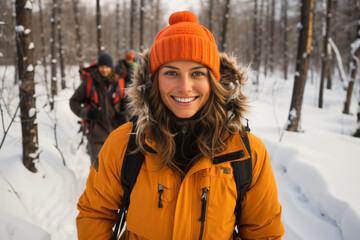 Portrait of a girl in the winter outdoors, traveling with a group of tourists through the forest