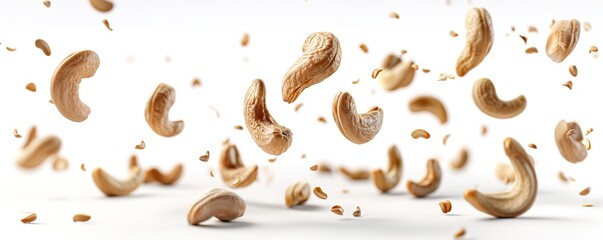 Floating cashew nuts in motion against a white background with s