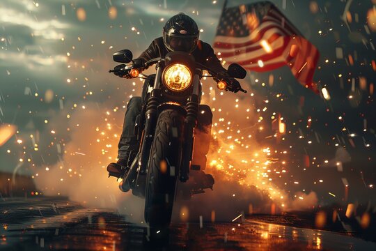 Motorcycle rider on wet road with American flag