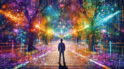 a person stands in a surreal forest or park, on a path between trees, bright multicolored light projections surround him around