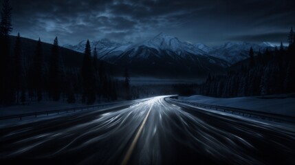 Fototapeta premium dramatic landscape, view of the night road in front of mountains, dark, starry sky and haze