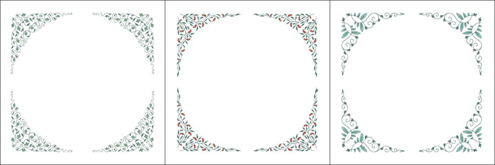 Set of three vegetal vector frames with green ornament. Round frames. Vector frame for all sizes and formats. Isolated vector illustration.
