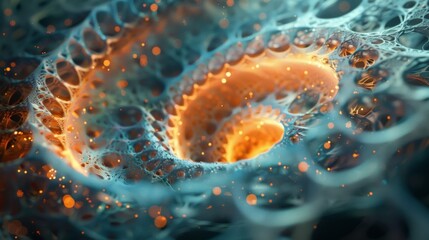 Layered fractal patterns of interconnecting particles resembling the swirling flow of gluon wind.