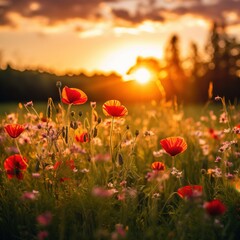 Obraz premium A field filled with red poppies illuminated by the warm light of the setting sun. The flowers stand tall amidst the grassy meadow, creating a vibrant and captivating display of color