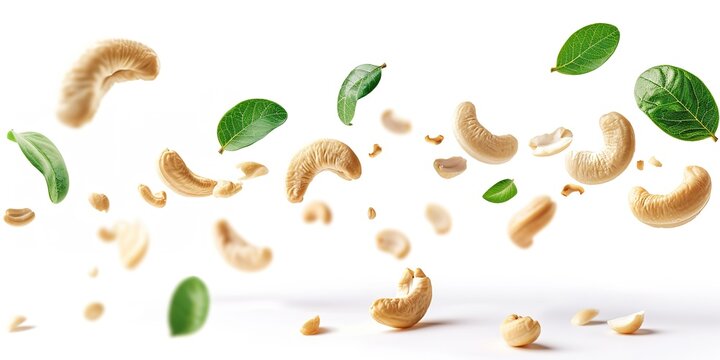 Floating cashew nuts and leaves on white, dynamic and light desi