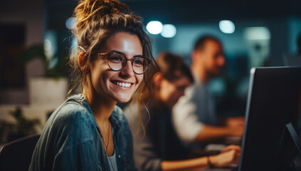 Obraz premium Tech Lead responsibilities in order to build strong development Teams. Smiling Female Software Developer leading a project meeting in tech business office