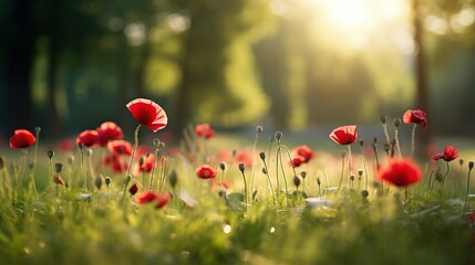 Field of red poppies in bloom during sunset, creating a beautiful and vibrant scene in the natural landscape