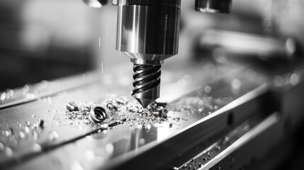 Industrial photography. Black and white photo of an advanced CNC machine's fine details. Precision, machining. Ideal for manufacturing, engineering, and technology.