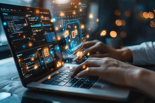 Person typing laptop glowing lights