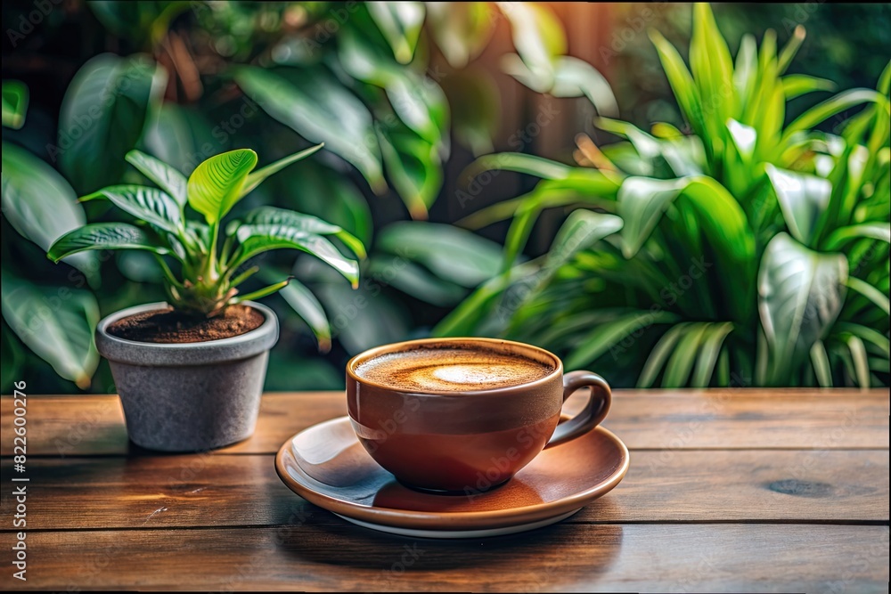 Poster Cup of Coffee on a Wooden Table with Green Plants