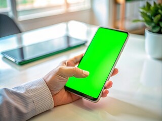 Hand holding smartphone with green screen for app mockup and customizable content display