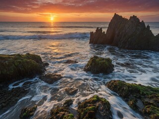 Obraz premium Serene sunset captured over ocean, with sun hovering just above horizon. This casts warm glow across sky, reflects on waters surface. Jagged rocks protrude from sea.