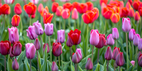 Fototapeta premium A vibrant field of colorful tulips in full bloom during spring, perfect for nature backgrounds, gardening and horticulture promotions.