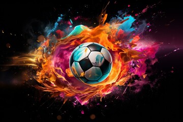 Fototapeta premium Dynamic image of a soccer ball with colorful flames and cosmic energy around it