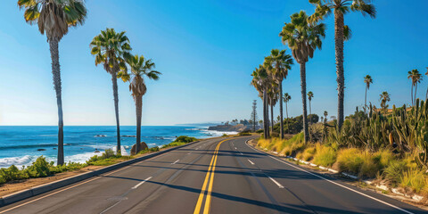Empty Road With Tall Palms and Ocean View
