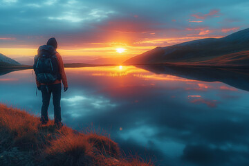 Obraz premium A lone hiker standing at the edge of a lake, with the sunset reflecting on the calm water, creating a mirror-like effect.