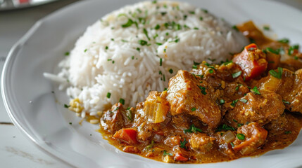 Delicious homemade or restaurant-cooked chicken curry and rice with fresh herb garnish on a tantalizing plate