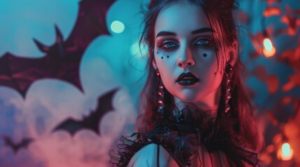 Striking portrait of a gothic woman with dramatic makeup and dark attire.
