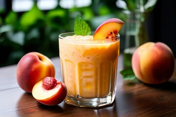 Fototapeta premium a healthy smoothie with a peach. cocktail for weight loss (2). a healthy diet of fresh vegetables. AI generated
