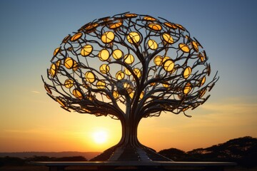 Artistic metal tree with lights against a vivid sunset sky