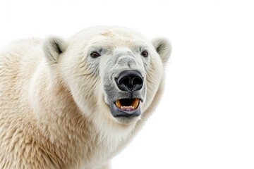 Mystic portrait of Polar Bear in studio, copy space on right side, Anger, Menacing, Headshot, Close-up View Isolated on white background