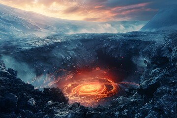 Active volcanic crater with glowing lava. Natural disaster, cataclysm concept. Dramatic nature landscape. Design for banner, wallpaper. 