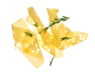 Flying tasty cheese slices and rosemary on white background