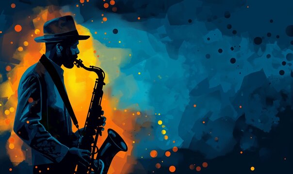 Silhouette of a man playing the saxophone on a colorful abstract background. Jazz music and performance concept for poster, wallpaper and banner design with copy space