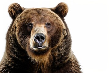 Fototapeta premium Mystic portrait of Kodiak Bear in studio, copy space on right side, Anger, Menacing, Headshot, Close-up View Isolated on white background
