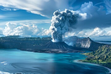 Aerial view of erupting volcano near a lake. Natural disaster, cataclysm concept. Dramatic nature landscape. Design for banner, wallpaper. 