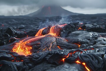 Close-up of flowing lava during a volcanic eruption. Natural disaster, cataclysm concept. Dramatic nature landscape. Design for banner, wallpaper. Beautiful Iceland scenery
