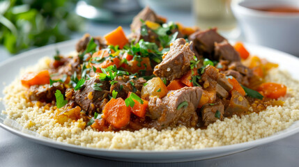 Fototapeta premium Traditional moroccan beef tagine with couscous, garnished with fresh parsley and served on a white plate, perfect for a gourmet meal