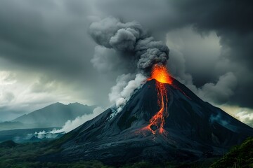 Volcano eruption with flowing lava. Natural disaster, cataclysm concept. Dramatic nature landscape. Design for banner, wallpaper. Beautiful Iceland scenery