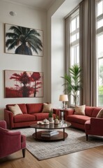 Sophisticated professional photograph of a burgundy and rose gold luxury living room interior with abstract art and indoor palm trees