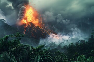 Erupting volcano in a jungle with flowing lava. Natural disaster, cataclysm concept. Dramatic nature landscape. Design for banner, wallpaper