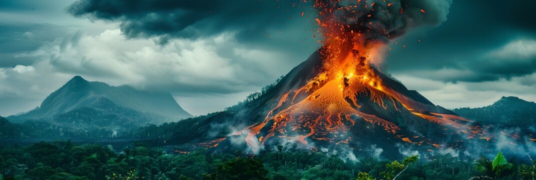 Erupting volcano in a jungle with flowing lava. Natural disaster, cataclysm concept. Dramatic nature landscape. Design for banner, wallpaper. Panoramic view