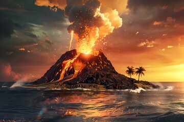 Erupting volcano on a tropical island. Natural disaster, cataclysm concept. Dramatic nature landscape. Design for banner, wallpaper