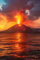 Volcano erupting by the lake at sunset. Natural disaster, cataclysm concept. Dramatic nature landscape. Design for banner, wallpaper