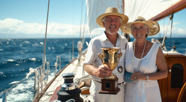 Happy Sailing Couple Holding Their Trophy on the Deck of Their Sailing Boat. Generative AI.