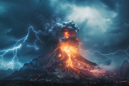 Volcano eruption with lightning and stormy sky. Natural disaster, cataclysm concept. Dramatic nature landscape. Design for banner, wallpaper