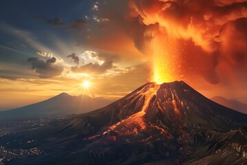 Volcano erupting under sunset sky. Natural disaster, cataclysm concept. Nature landscape. Design for banner, wallpaper