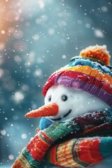 Obraz premium Cheerful snowman in hat and scarf on snowy christmas background with space for text placement