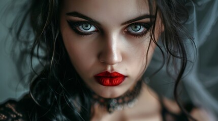 Fototapeta premium Striking portrait of a gothic woman with dramatic makeup and dark attire.