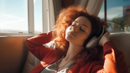 A woman with curly hair enjoys music through headphones while relaxing on a couch by a sunlit window, exuding tranquility, leisure, and comfort on a quiet afternoon.