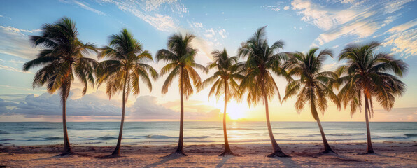 Row of Coconut Palms at Sunset on the Beach