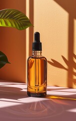 Elegant amber dropper bottle with essential oil on pink surface, surrounded by natural leaves and casting shadows, against peach background.