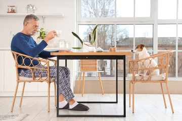 Mature man with cute Jack Russell terrier having breakfast at table in kitchen
